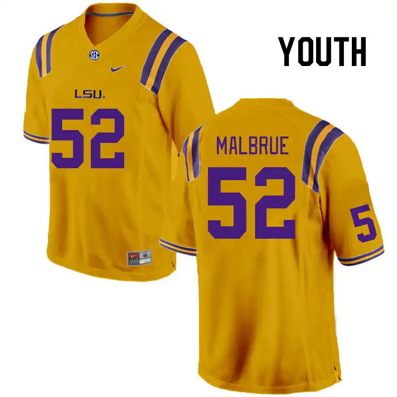 Youth LSU Tigers Princeton Malbrue #52 Gold NCAA Football Jersey